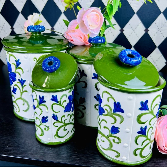 Metlox Poppytrail Blue Floral Canister Set, Green Lids, 4pc Vintage Very Large - Picture 15 of 17